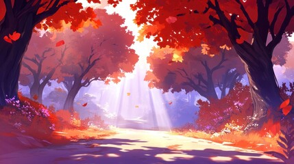Aufkleber - Sunlit path through autumn forest with vibrant red and purple foliage.