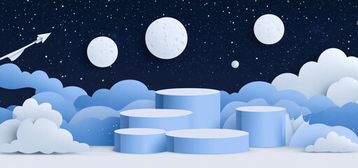 Poster - Dreamy blue cloudscape with paper plane and moon, featuring product display podiums.