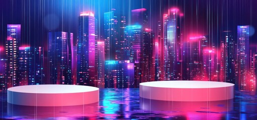 Poster - Neon city skyline reflected in wet ground with two empty product display stands.