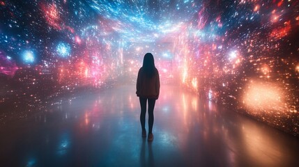 Wall Mural - Woman silhouetted against a vibrant, immersive light display resembling a galaxy.