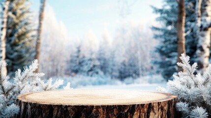 Aufkleber - Snowy winter forest scene with a wooden stump in the foreground, ideal for product placement.