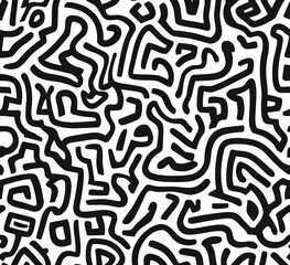 abstract black and white seamless pattern with intricate maze-like lines and shapes.