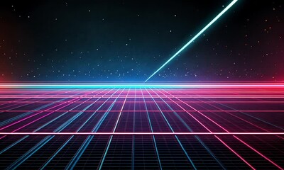 Poster - Retro Futuristic Grid Landscape: Neon Lights and Starry Night