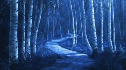 Poster - Moonlight path winding through a birch forest at night.