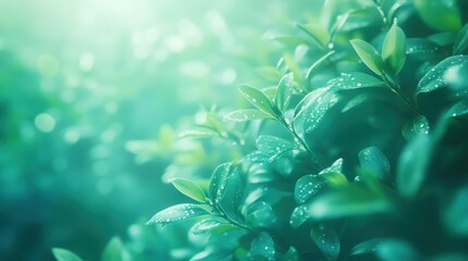 Leinwandbilder - Lush green leaves with dew drops, sunlit, soft focus.