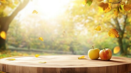 Poster - Two ripe apples on a wooden table outdoors in autumn.