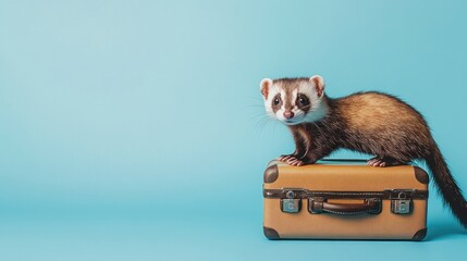 Poster - Adorable ferret perched on a vintage suitcase against a light blue background.