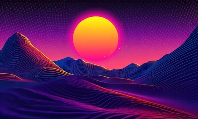 Poster - Synthwave Sunset Over a Vibrant, Abstract Mountain Range