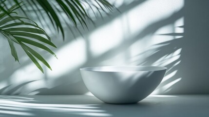 Poster - White bowl in sunlight with palm leaf shadow.