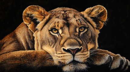 Aufkleber - Close-up portrait of a female lion resting, intense gaze, dark background.
