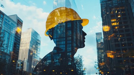Poster - Silhouette of a construction worker wearing a hardhat, superimposed over a cityscape at sunset.