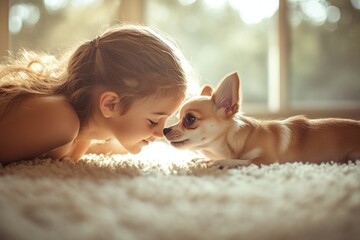 Poster - Little girl and her chihuahua dog nose to nose on fluffy carpet, backlit by sunlight.