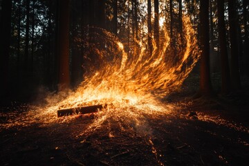Poster - Fiery forest fire engulfing a log, intense flames and smoke billowing in dark woods.