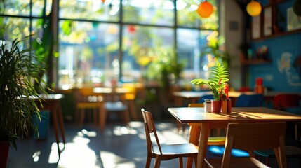 Poster - Sunny cafe interior with colorful furniture, plants, and large windows.