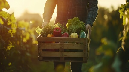 Poster - Farmer carrying a wooden crate full of freshly harvested vegetables at sunset. (1)