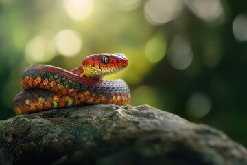 Poster - Vibrant red and black snake coiled on a rock in a sunlit forest.