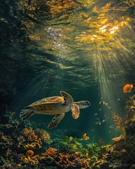 Poster - Sea turtle gracefully swims in vibrant coral reef, sunbeams illuminate scene.