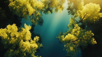 Aufkleber - Aerial view of sunlit yellow-green trees against a teal sky.