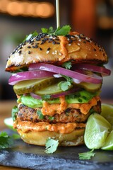 Poster - Delicious gourmet burger with avocado, pickled onions, and cilantro on a toasted bun.