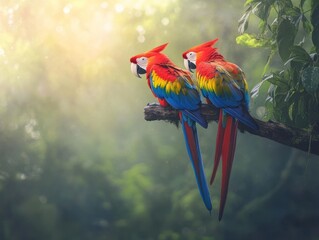 Aufkleber - Two scarlet macaws perched on a branch in a lush rainforest, bathed in sunlight.