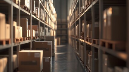 Poster - Cardboard boxes on shelves in a warehouse.