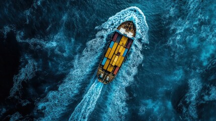 Poster - Aerial view of a cargo ship sailing on a deep blue ocean, leaving a wake.