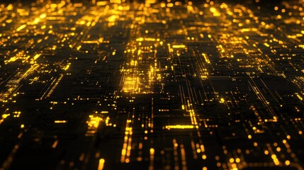 Poster - Abstract glowing circuit board texture with golden lines and nodes.