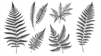 Wall Mural - 24.5. A set of vector-style line art drawings featuring various fern leaves, each outlined with intricate black lines to capture the natural beauty of the fronds. The leaves are isolated on a white