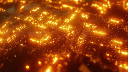 Poster - Glowing orange circuit board texture, abstract technology background.