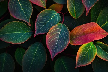 Poster - Vibrant autumn leaves in dark background, close-up view showcasing rich colors and textures.