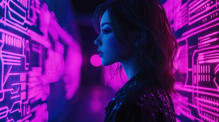Poster - Woman in profile, illuminated by neon pink futuristic panels.