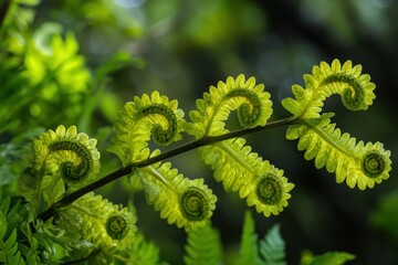 Poster - Close-up of vibrant green fern fronds unfurling in a spiral pattern, showcasing intricate details and textures against a blurred background.