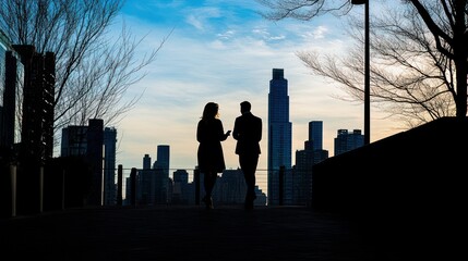 Aufkleber - Silhouetted businesspeople conversing against a city skyline at sunset.