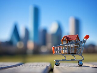 Poster - Miniature house in shopping cart against city skyline.