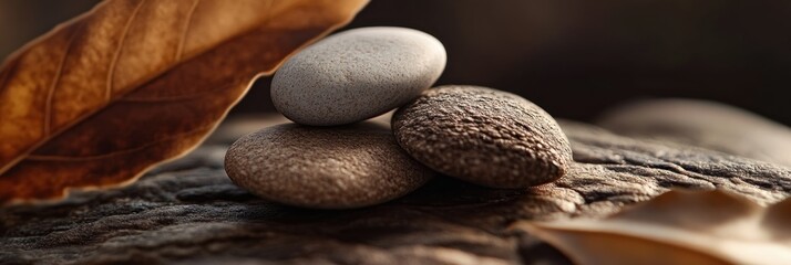 Poster - stacked stones and dried leaf on wood.