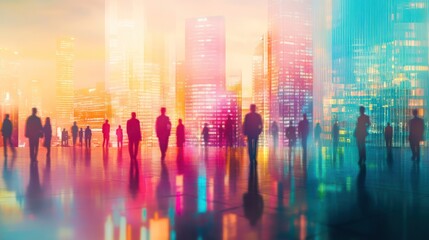 Aufkleber - Silhouetted figures walking in a vibrant cityscape at night, reflecting on a colorful ground.