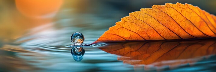 Poster - Autumn leaf floats on calm water, a water droplet rests on the surface creating ripples.