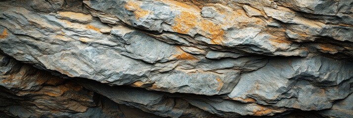 Poster - Close-up of layered, grey and orange rock formation.