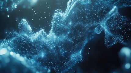 Poster - Abstract blue particle wave flowing in dark background.
