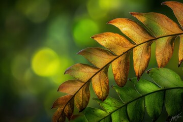 Poster - Close-up of a fern frond with autumnal colors against a blurred green background.