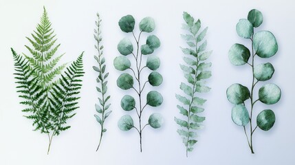 Wall Mural - 42.A whimsical set of watercolor botanical elements perfect for rustic wedding designs. The collection includes true blue eucalyptus leaves, silver dollar eucalyptus stems, fern fronds, and salal