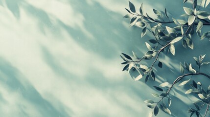 Poster - Sunlit green leaves and branches on a pastel background with shadow overlay.