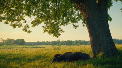 Poster - Bison resting under a large tree in a grassy field at sunset.