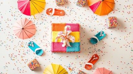 Poster - Colorful gift surrounded by sprinkles, miniature umbrellas, and sandals.