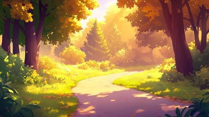 Aufkleber - Sunlit path winding through a vibrant autumn forest.