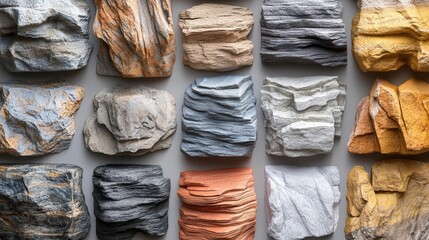 Poster - A variety of textured stone samples, showcasing different colors and patterns, arranged in a grid format for display or selection purposes.