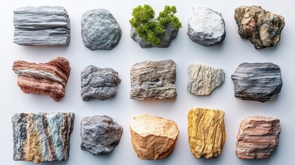 Poster - A collection of various textured rocks and stones, showcasing diverse colors, patterns, and a small patch of greenery among them.
