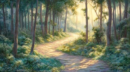 Aufkleber - Sunlit path winding through a lush green forest with tall trees and vibrant foliage.