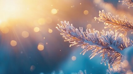 Aufkleber - Frosty pine branch in winter sunlight, bokeh effect.