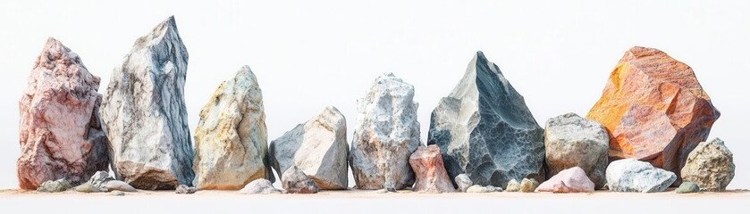 Poster - A colorful arrangement of various rocks and minerals, showcasing their unique shapes and textures, set against a neutral background.
